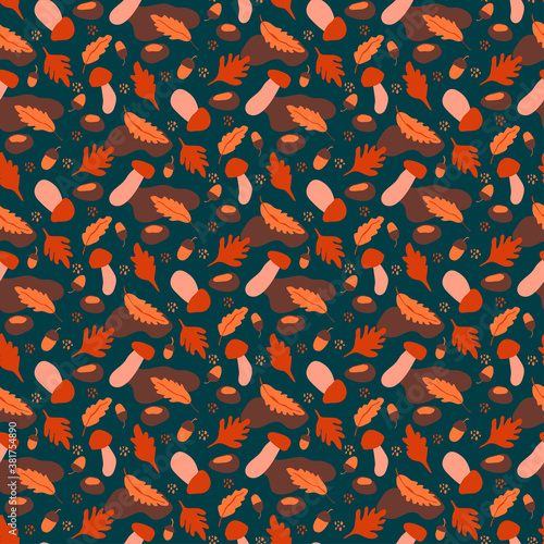 Autumn seamless pattern with fall oak leaves, horse chestnuts, acorns, and mushrooms on dark blue background. Flat vector digital illustration