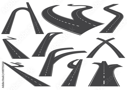 Bending roads, high ways or roadways. Collection of winding road design elements with white markings. Asphalt road curves, turns, bankings and perspectives. Set of curved and straight city roads