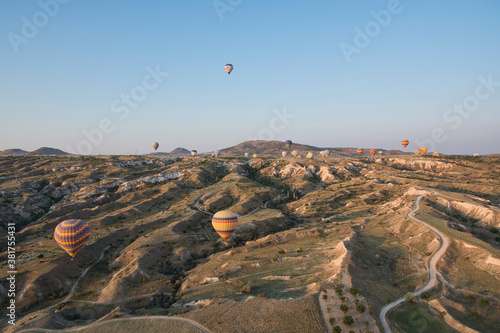 Balloons flying over Cappadocia. Cappadocia, Turkey.