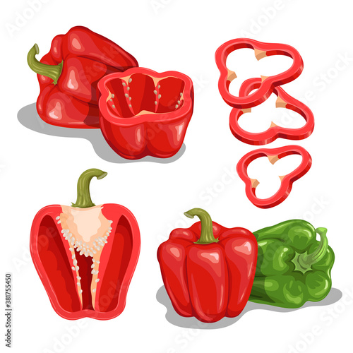 Cartoon bell peppers set. Red and green vegetables. Group with whole and halved red bells. Flying red slices. Vector illustrations collection isolated on white background.