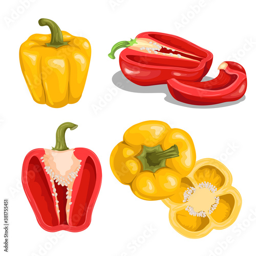 Cartoon bell peppers set. Red and yellow vegetables. Whole and halved red bells. Top and front view. Vector illustrations collection isolated on white background.