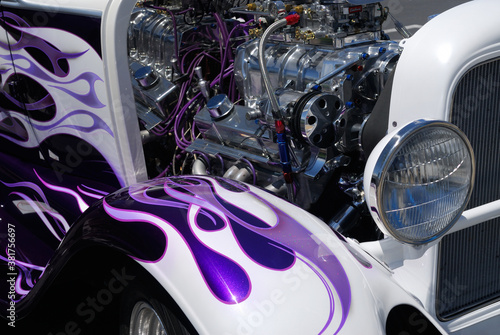 Purple flames hot rod paint and chrome engine photo