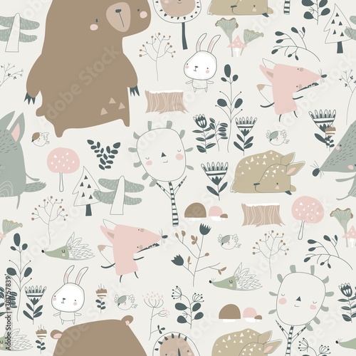 Seamless pattern with cute animals in autumn forest