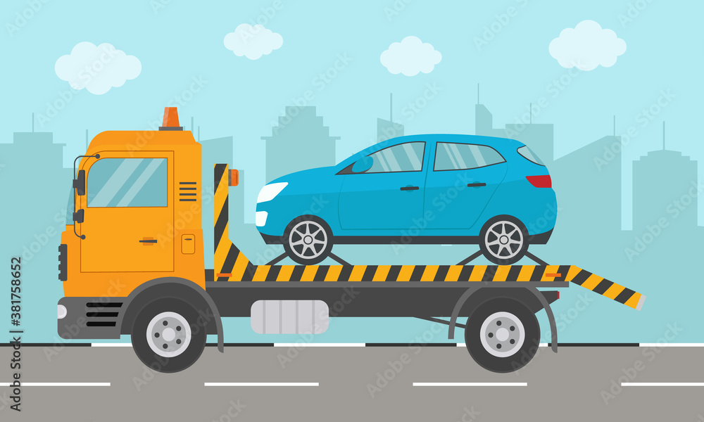 Tow truck. City road assistance service evacuator. Vector illustration in flat design.
Tow truck. City road assistance service evacuator. Vector illustration in flat design.