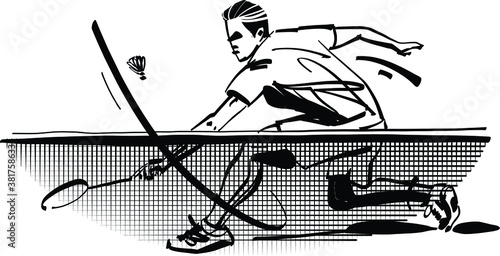 the vector illustration of the badminton player with  shuttlecock