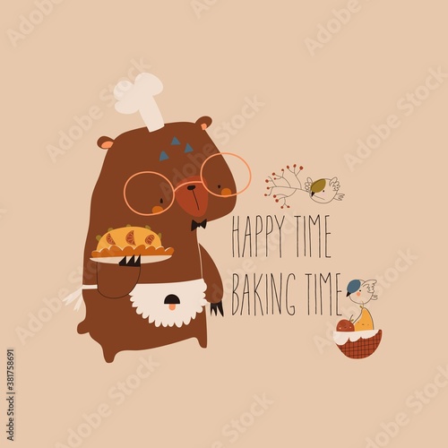 Cute cartoon funny bear with homemade cake