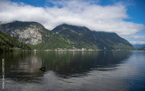 The lake in Hallstatt with nice weather and low clouds