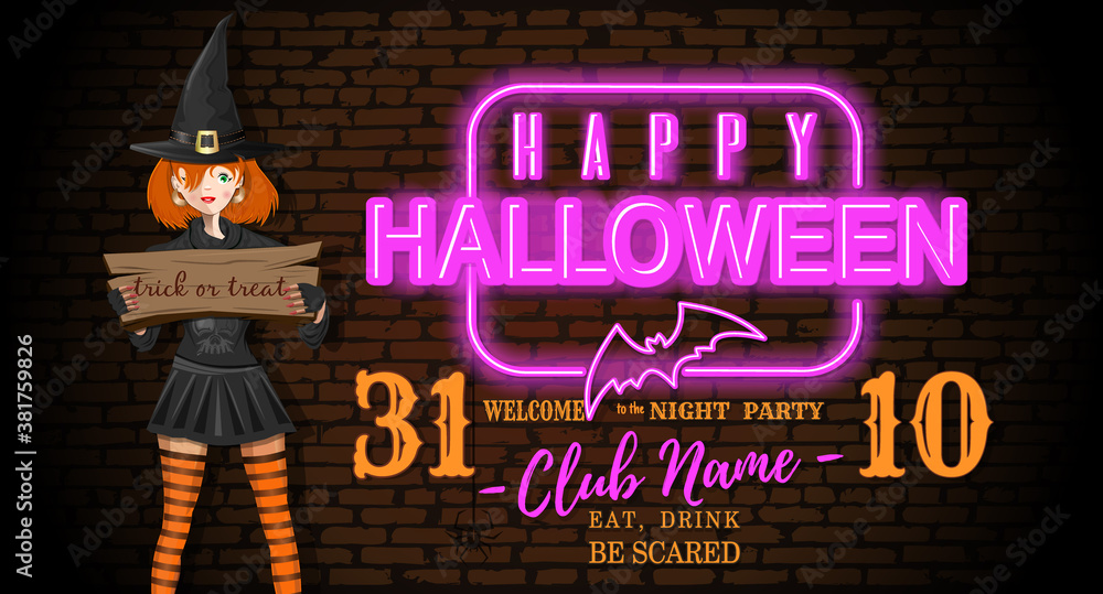 Night club halloween party invitation card. Young cute girl in a witch