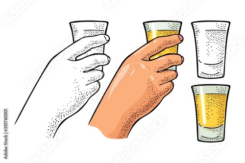 Female hand holding glass tequila. Vintage vector engraving