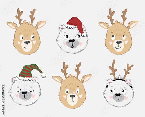 Big set of funny reindeer and bear in cartoon style in different emotions isolated on white background, christmas mood