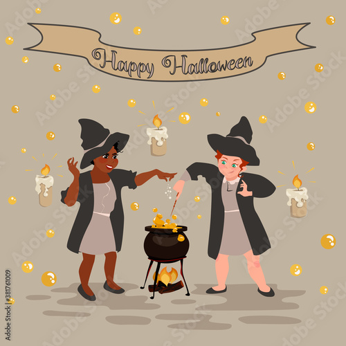 Happy Halloween card with two cute witches making potion in a cauldron. Magic is happening all around. Candles are burning, sparkles are flying, energy is bursting.