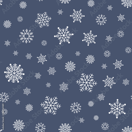 Seamless snowflakes pattern. Christmas new year texture in minimalistic style. Snow blue and white background