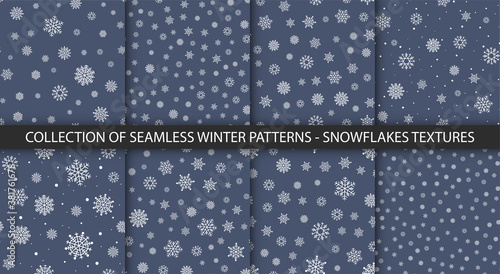Set of simple seamless blue Christmas patterns. Minimalistic textures for winter