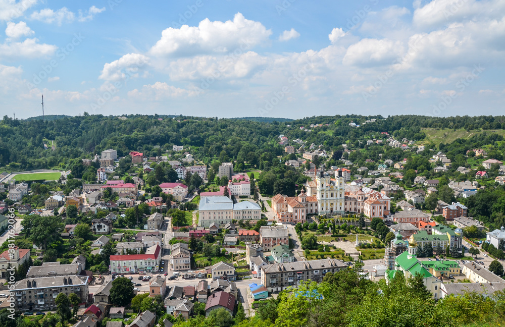 Beautiful summer view from the Bona Hill to Kremenets city and former Jesuit Cathedral. Ternopil Region, Ukraine