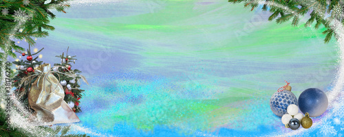 Holiday card with Christmas toys and a place to congratulate. Merry Christmas and happy New year in the form of a banner for a website or blog.