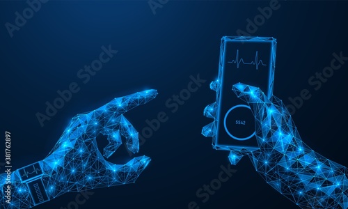 Smart bracelet. Functionality in the app on your smartphone. One hand is holding a smartphone, and the other is wearing a watch. Polygonal design. Blue background.