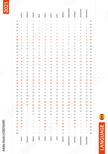 Spanish one row vertical calendar 2021, monday first day of the week.