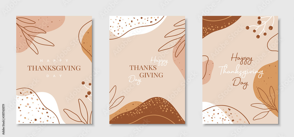 Happy Thanksgiving Day - set of greeting cards with abstract leaves and spots with terrazzo texture