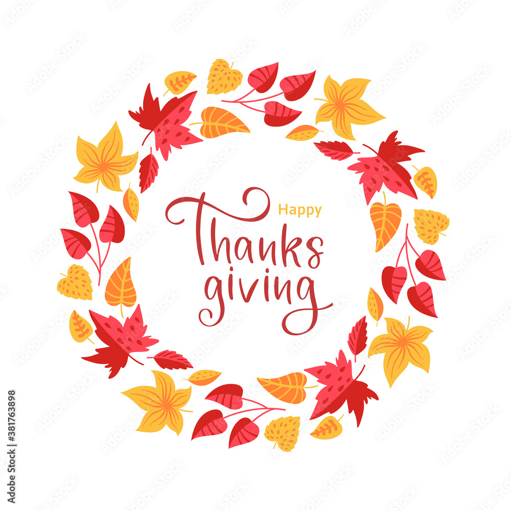 Happy thanksgiving wreath with red and orange leaves Happy thanksgiving wreath with red and orange leaves