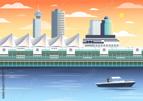 Metro Vancouver Canada Place tourist attraction vector illustration, sunset scene, Pan Pacific, Five Sails, restaurant, downtown, British Columbia, Lower Mainland
