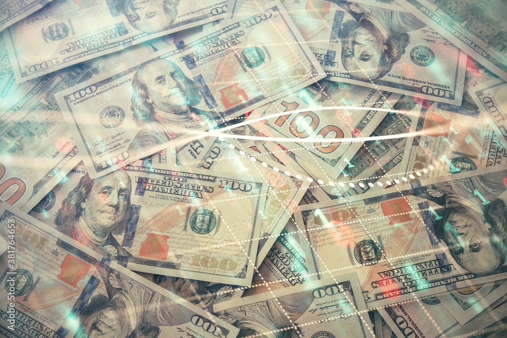 Multi exposure of forex chart drawing over us dollars bill background. Concept of financial success markets. Multi exposure of forex chart drawing over us dollars bill background. Concept of financial success markets.
