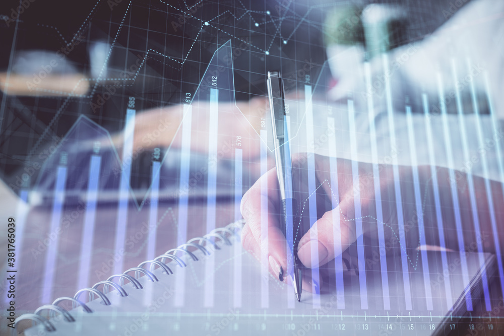 Double exposure of forex chart drawing over people taking notes background. Concept of financial analysis Double exposure of forex chart drawing over people taking notes background. Concept of financial analysis