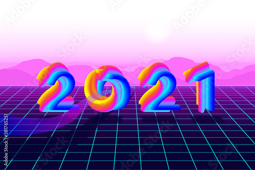New Year or Christmas 2021 poster in computer virtual game space style with neon multicolored vector numbers and ribbon. The concept of stylish design congratulations on the holiday. Vector