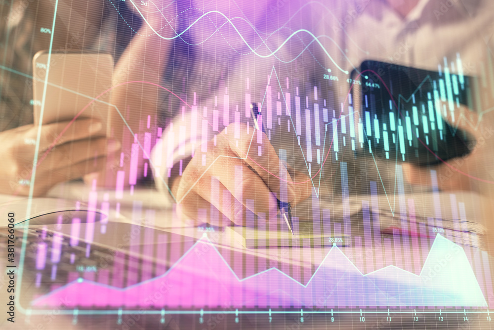 Double exposure of man and woman working together and financial graph hologram. Business concept. Computer background. Double exposure of man and woman working together and financial graph hologram. Business concept. Computer background.