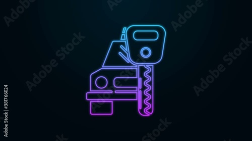 Glowing neon line Car rental icon isolated on black background. Rent a car sign. Key with car. Concept for automobile repair service. 4K Video motion graphic animation
