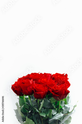 red roses bouquet on white background, close-up view
