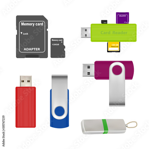 USB flash drive in vector on white background.Card reader for reading memory cards in vector.