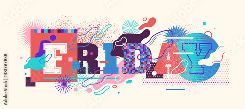 Typographic Friday banner sign in colorful abstract style. Vector illustration.