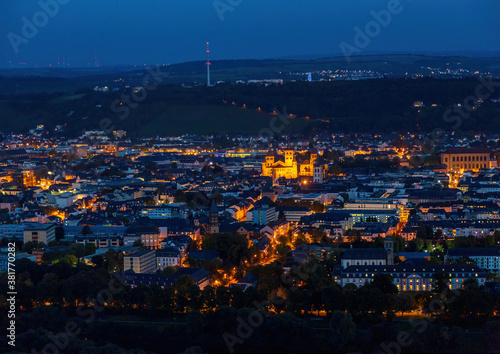 Night shot of the illuminated old German city of Trier  photographed from a hill