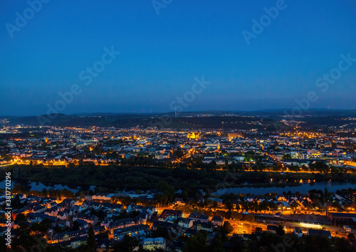 Night shot of the illuminated old German city of Trier  photographed from a hill