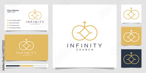 Church logo with infinity line art style and business card design template, religion, template.Premium Vector