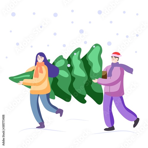 Happy young family buys Christmas Tree Man and woman carry Christmas tree home down snowy street December shopping flat vector illustration concept