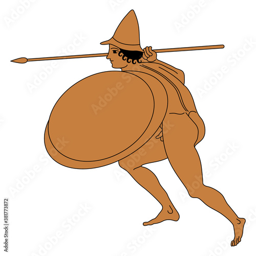 Fighting ancient Greek warrior in helmet with shield and spear. Vase painting style.	