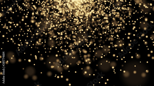 Abstract golden bokeh background. Yellow glittering particles. Concept of Christmas decoration. Star dust. 3d rendering.