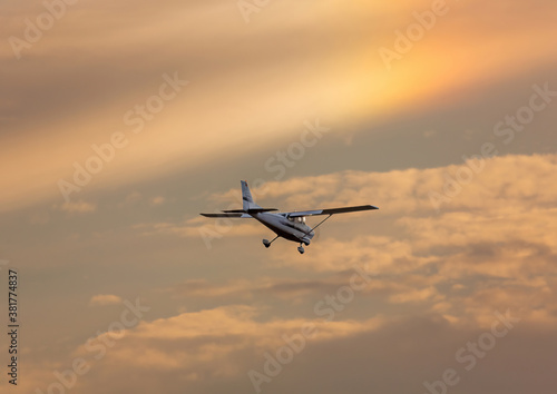 A propeller sports plane on approach to Nuremberg Airport in southern Germany