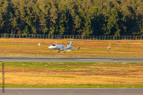A business jet lands at Nuremberg Airport in Southern Germany