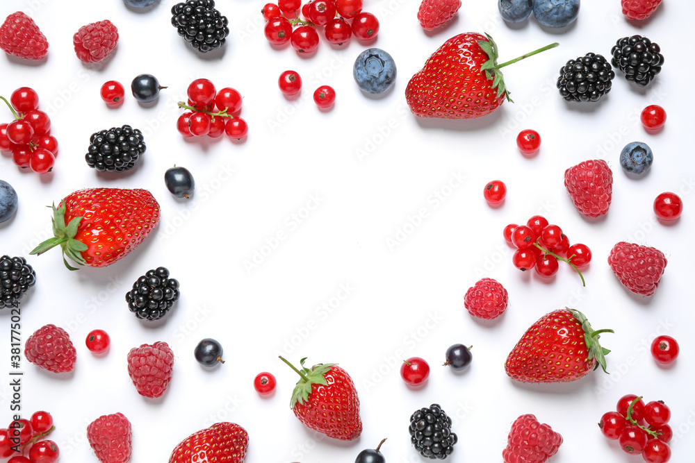 Frame of different berries on white background, top view Frame of different berries on white background, top view