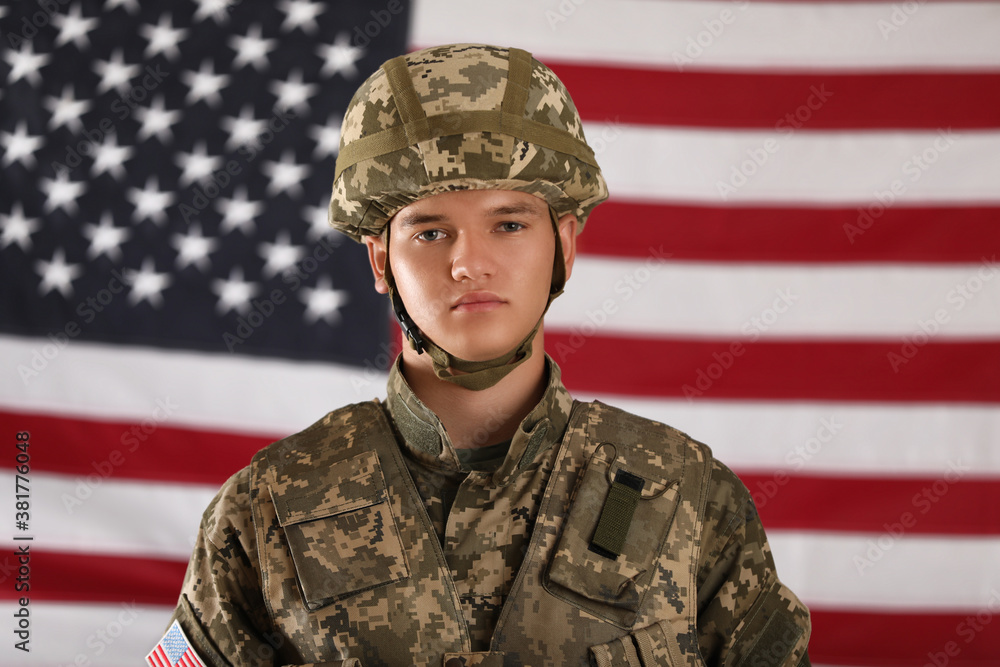 Male soldier and American flag on background. Military service Male soldier and American flag on background. Military service