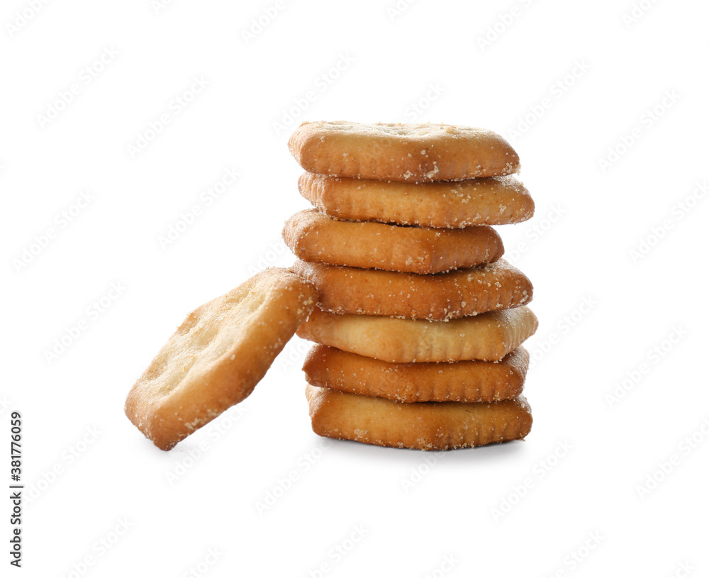 Stack of delicious crispy crackers isolated on white Stack of delicious crispy crackers isolated on white
