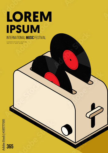 Music poster design template background with gramophone record player and toaster