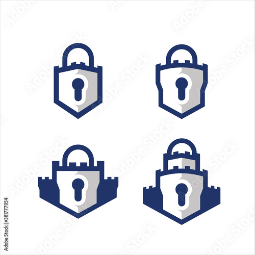 Set Padlock in shield and castle shape logo icon symbol of safety guard secure and protection