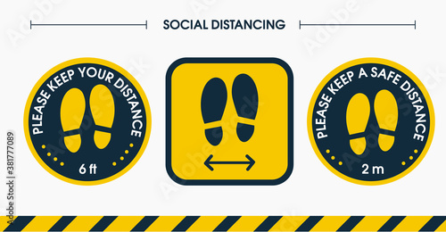 Set sign a social distance floor sticker. Please keep a distance of 6 feet and 2 meters. Place the stickers on the floor where there are a lot of people. To stay safe from the coronavirus, covid-19