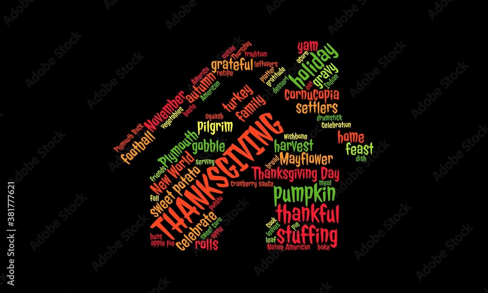 Colorful Thanksgiving word cloud in the shape of a house, concept for family, holiday, home, tradition