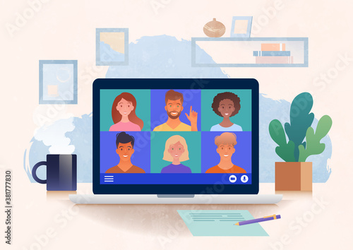 Virtual group meeting being held via video conference from home. Using laptop computer chatting with colleagues online in cozy home office with coffee and plant. Vector illustration.