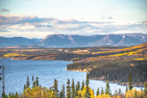 The stunning lake shore of Little Atlin Lake in Yukon Territory, northern Canada. Close to the British Columbia border. Taken in autumn fall season, September. 