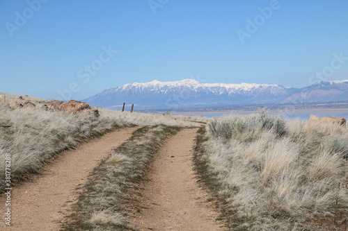 Looking down at Antelope Island  Great Salt Lake and Wasatch mountains from Sentry Loop trail